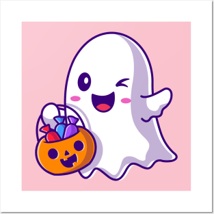 Cute Ghost Holding Candy Basket Pumpkin Cartoon Posters and Art